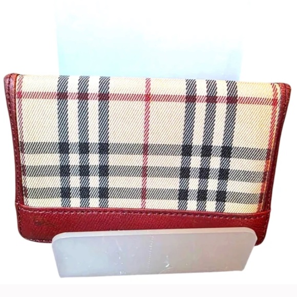 Burberry Classic Plaid Burgundy Leather Trim Cardholder Wallet Bifold NovaCheck - Picture 1 of 12